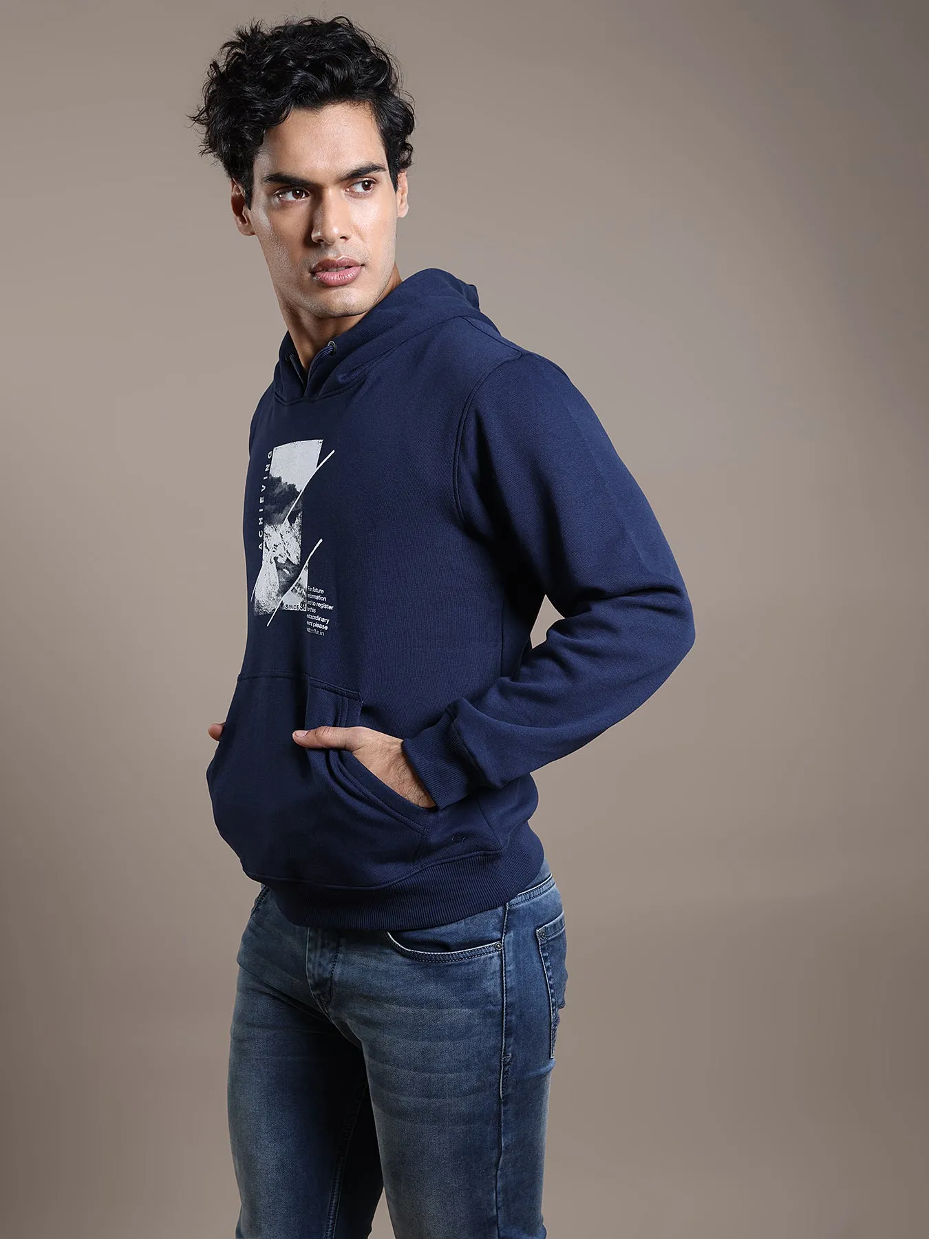 Knitted Navy Blue Printed Full Sleeve Casual Hooded Sweatshirt