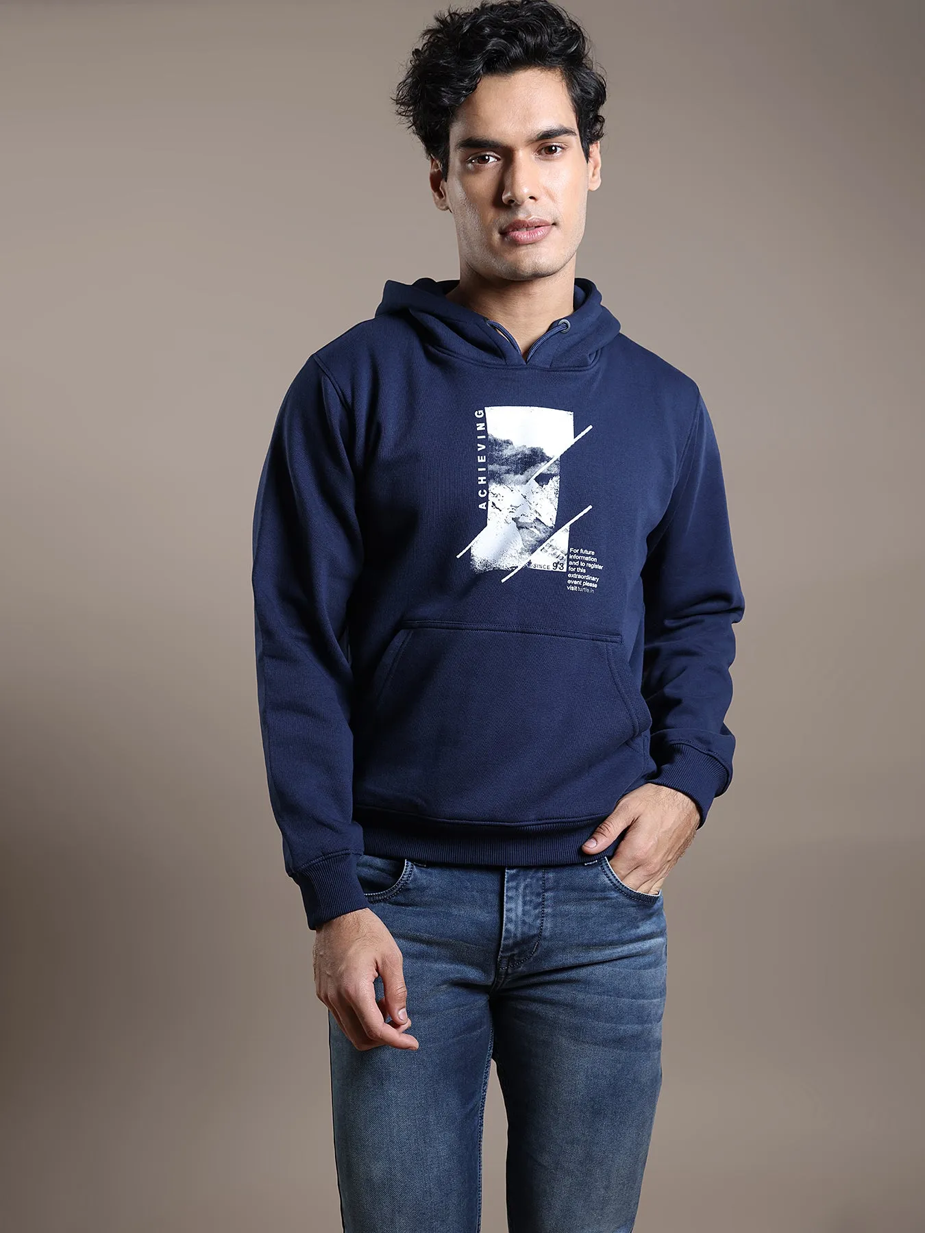 Knitted Navy Blue Printed Full Sleeve Casual Hooded Sweatshirt