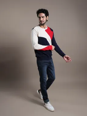 Knitted Navy Blue Printed Regular Fit Full Sleeve Casual Pullover