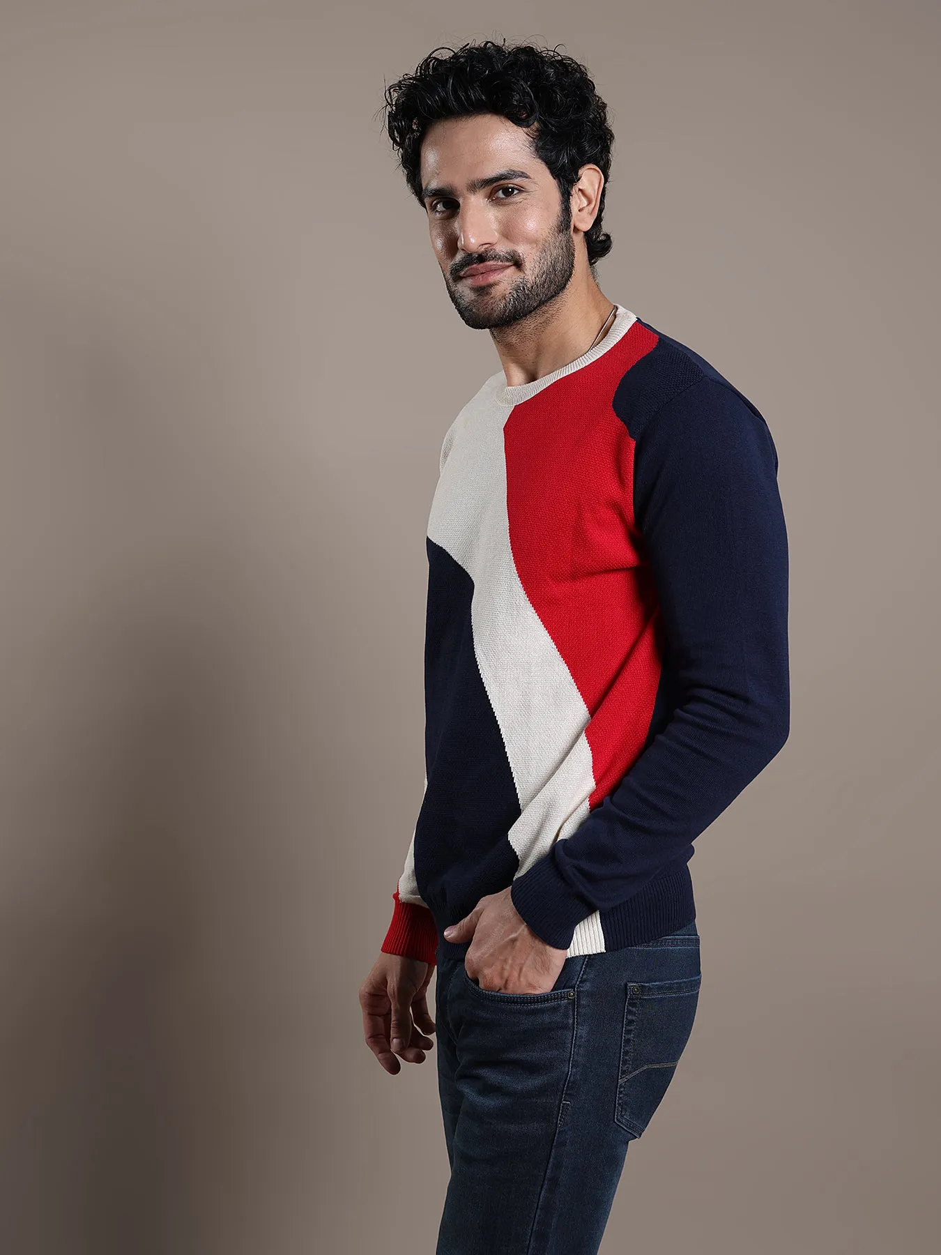 Knitted Navy Blue Printed Regular Fit Full Sleeve Casual Pullover