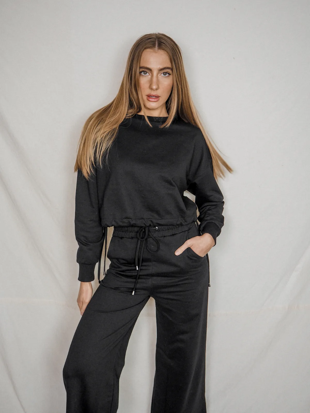 Kylie Black Cropped Tie Sweatshirt