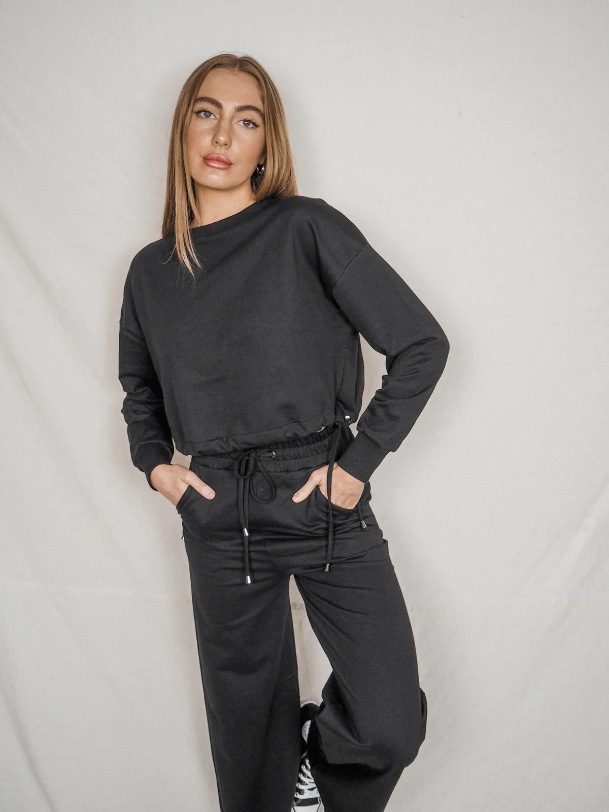 Kylie Black Cropped Tie Sweatshirt