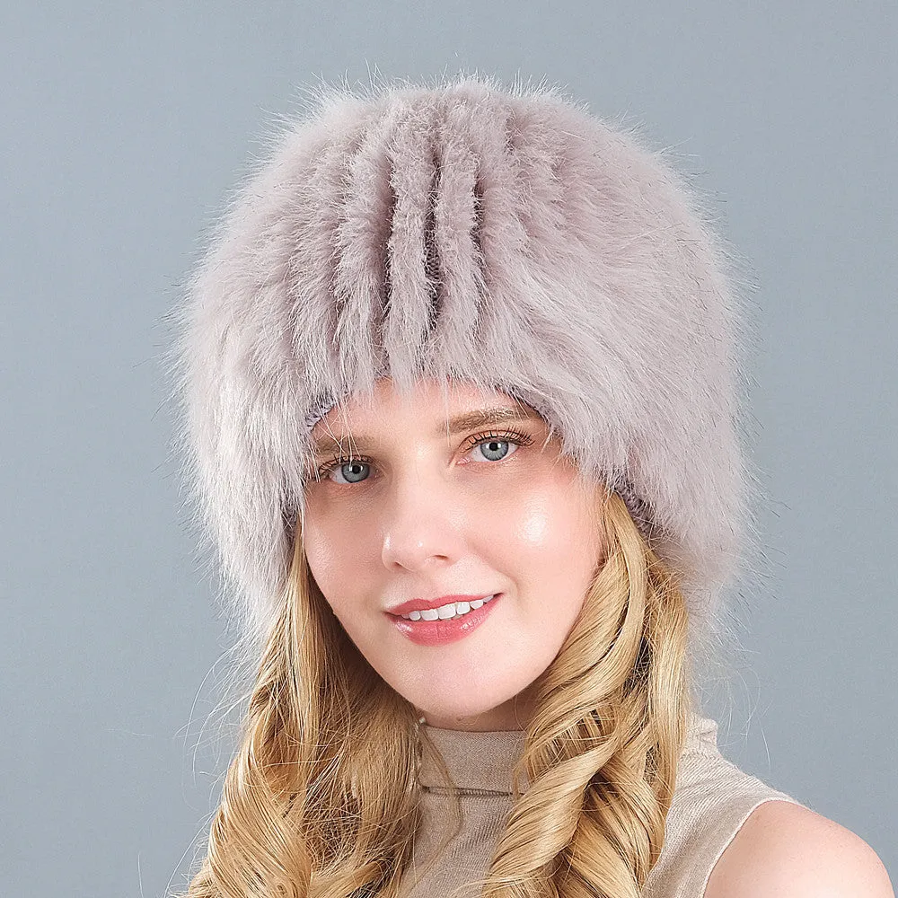 Ladies Winter Faux Fox Fur Straw Hat Wide Stripe Fur Ear Guards Keep Warm