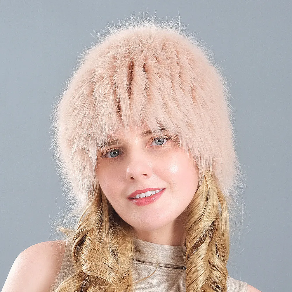 Ladies Winter Faux Fox Fur Straw Hat Wide Stripe Fur Ear Guards Keep Warm