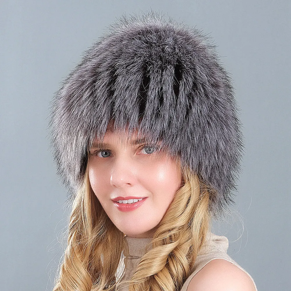 Ladies Winter Faux Fox Fur Straw Hat Wide Stripe Fur Ear Guards Keep Warm