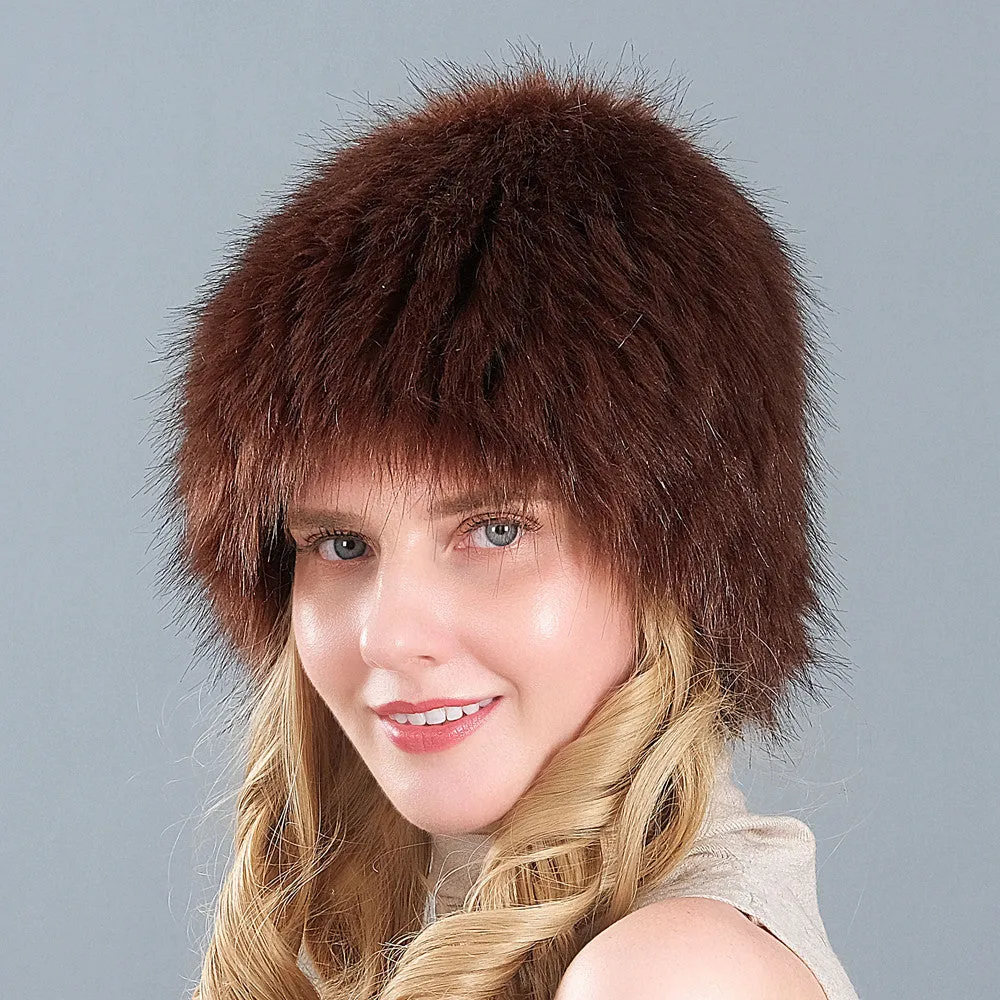 Ladies Winter Faux Fox Fur Straw Hat Wide Stripe Fur Ear Guards Keep Warm