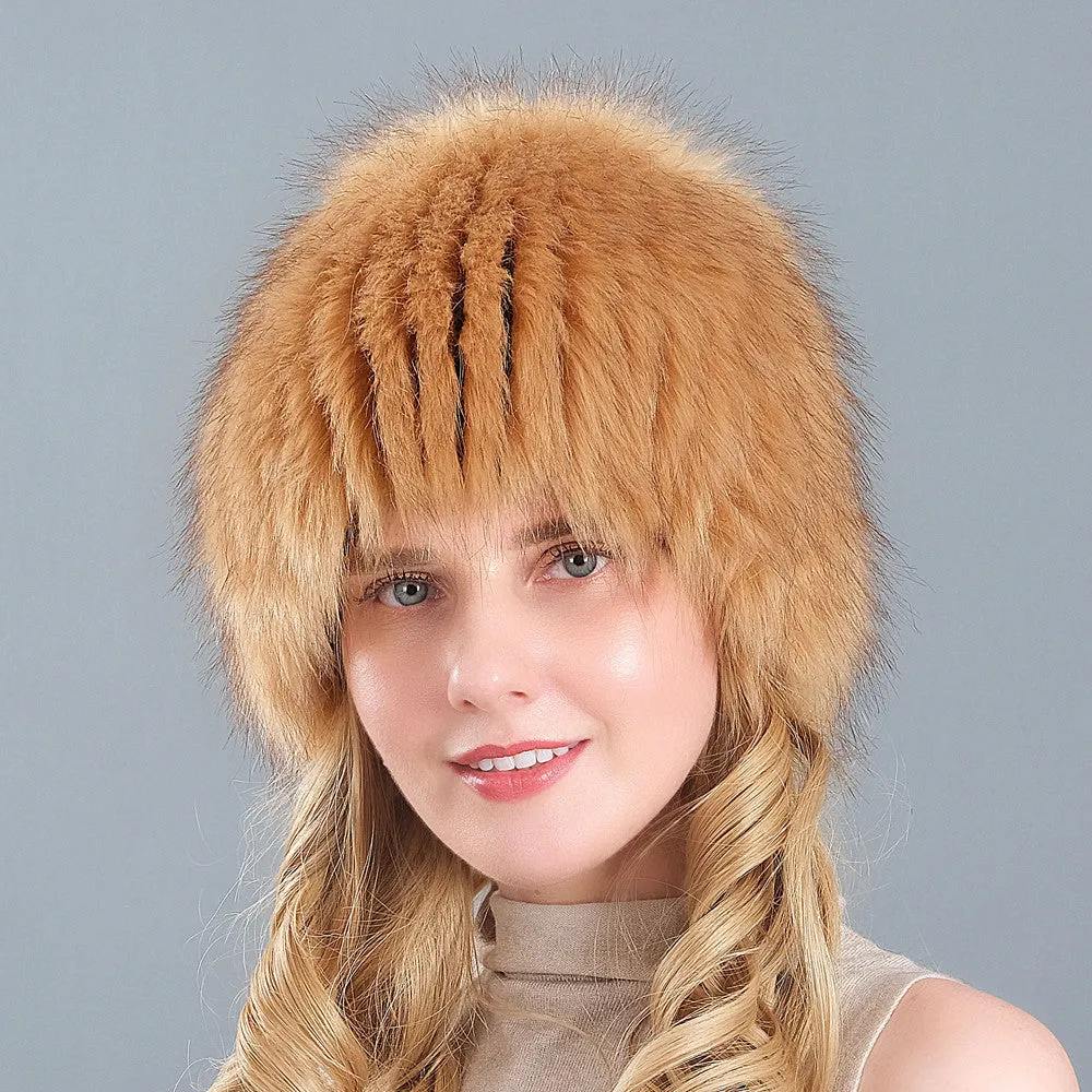 Ladies Winter Faux Fox Fur Straw Hat Wide Stripe Fur Ear Guards Keep Warm