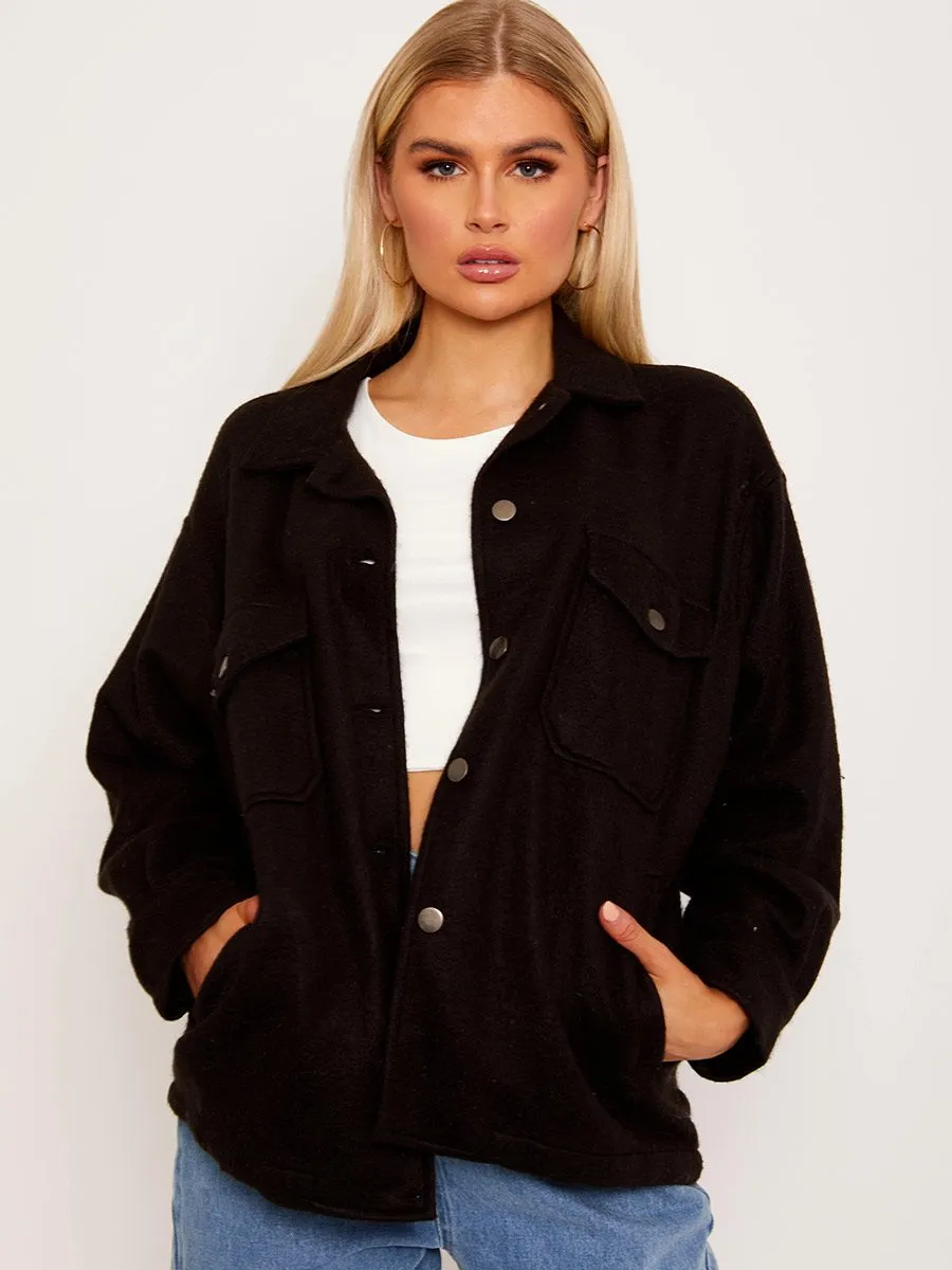 Leah Plain Classic Thick Shacket In Black