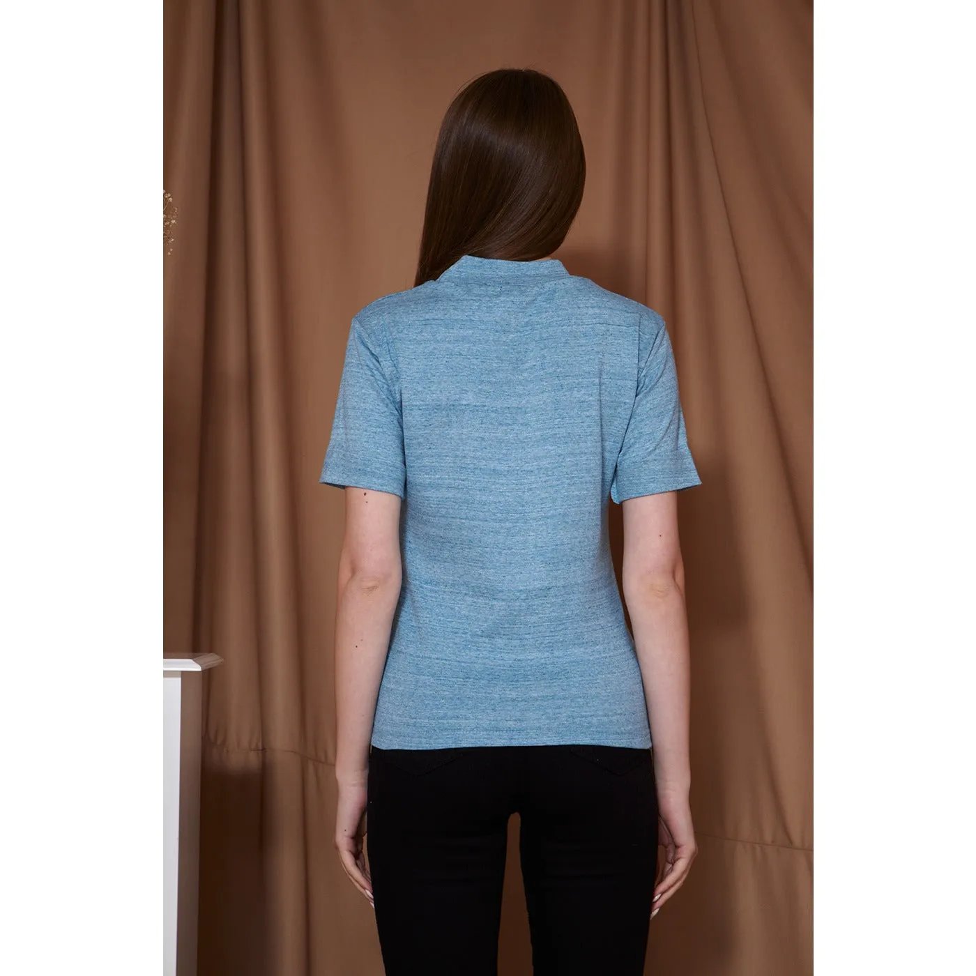 Light Blue Melange Mock Neck Half Sleeves