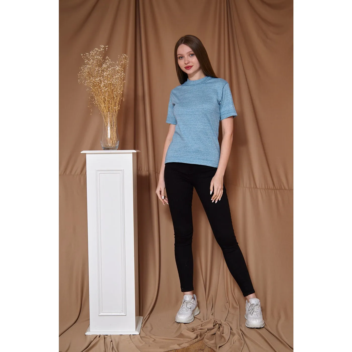 Light Blue Melange Mock Neck Half Sleeves