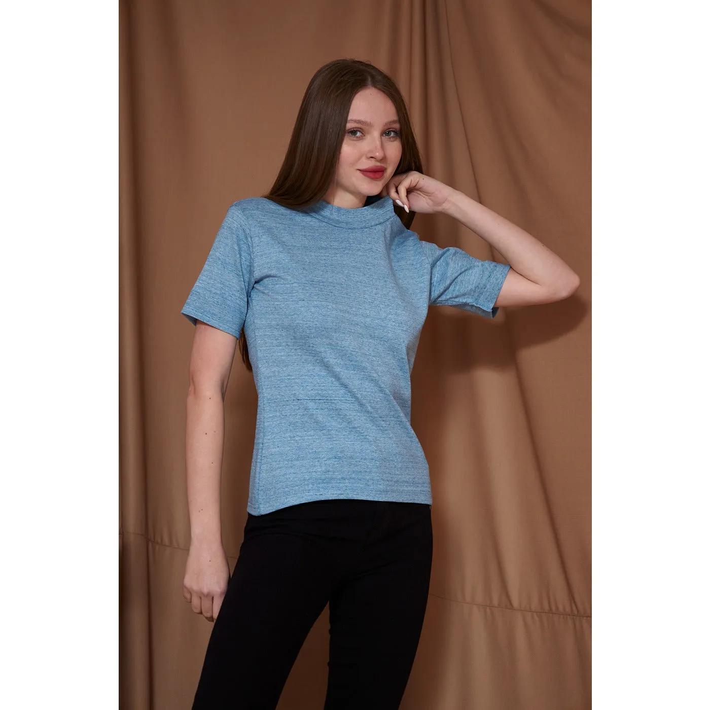 Light Blue Melange Mock Neck Half Sleeves