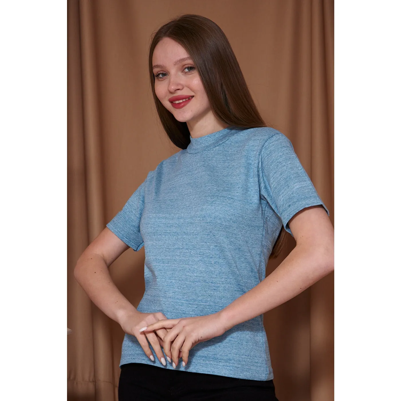 Light Blue Melange Mock Neck Half Sleeves