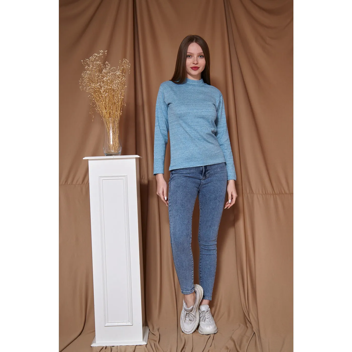 Light Blue Melange Mock Neck Sweatshirt