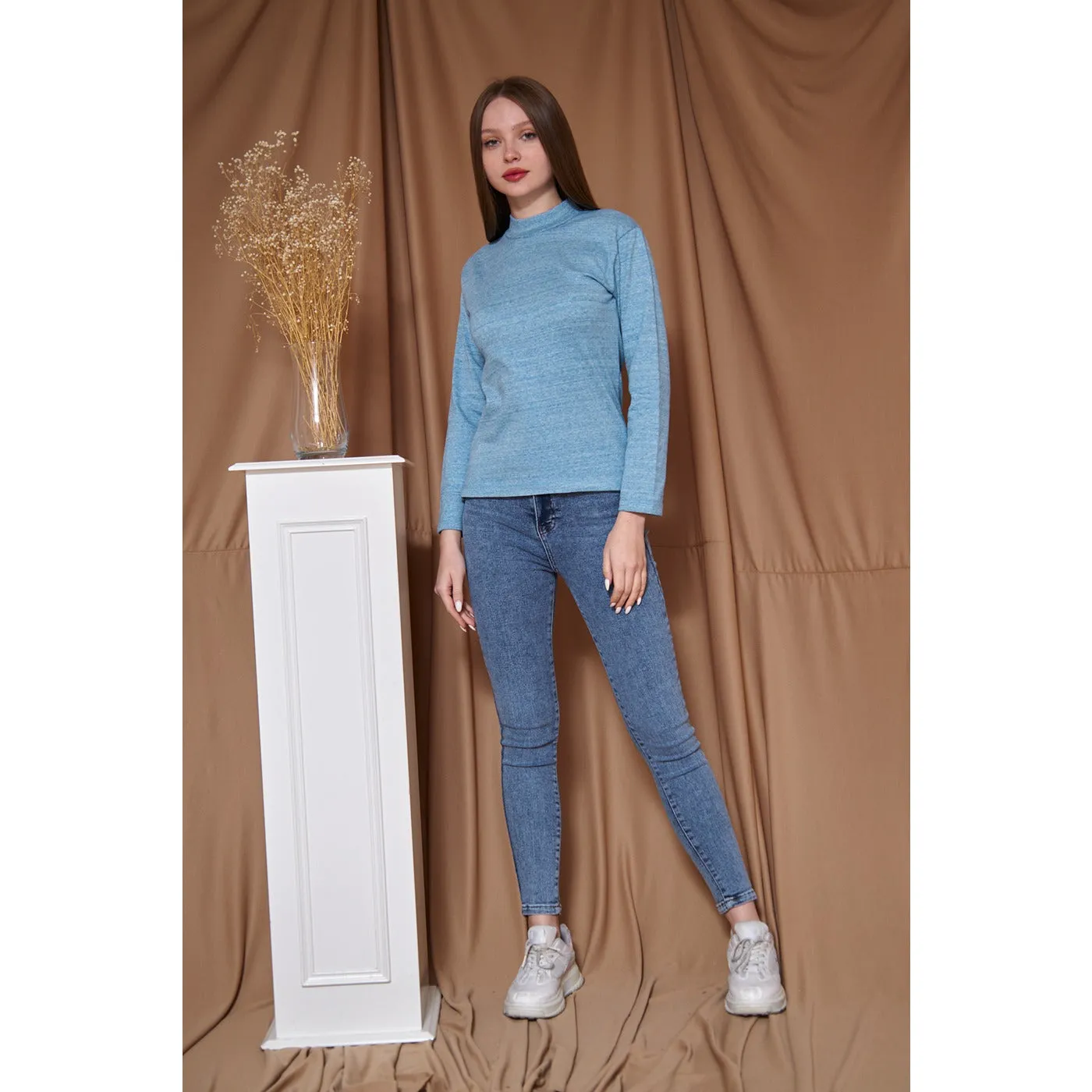 Light Blue Melange Mock Neck Sweatshirt