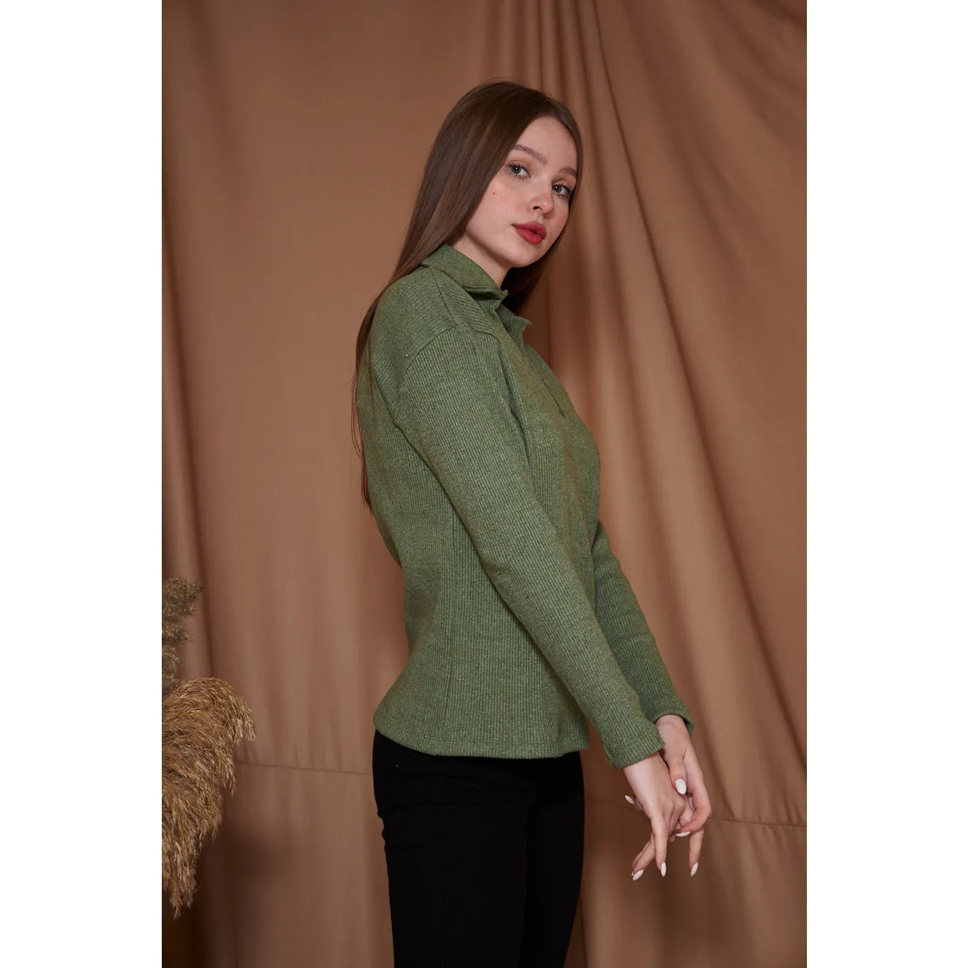 Light Green Melange Polo Sweatshirt