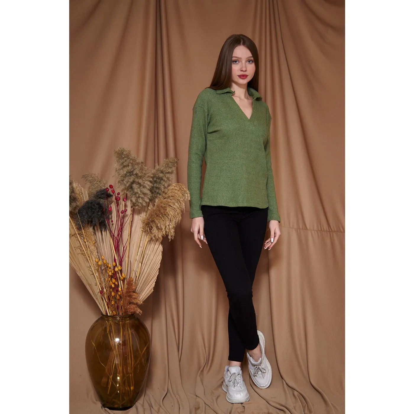 Light Green Melange Polo Sweatshirt