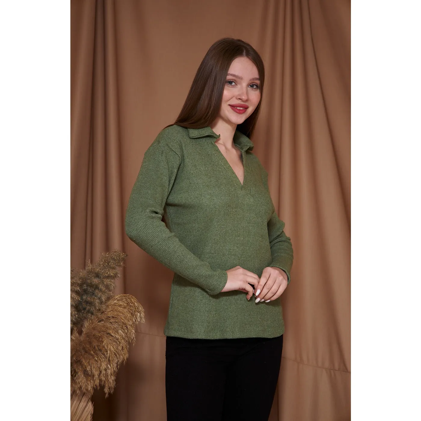 Light Green Melange Polo Sweatshirt