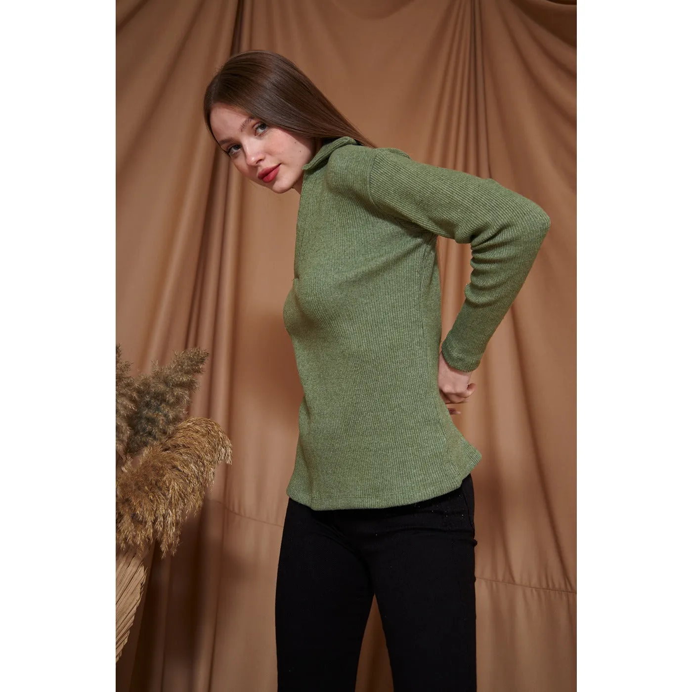 Light Green Melange Polo Sweatshirt