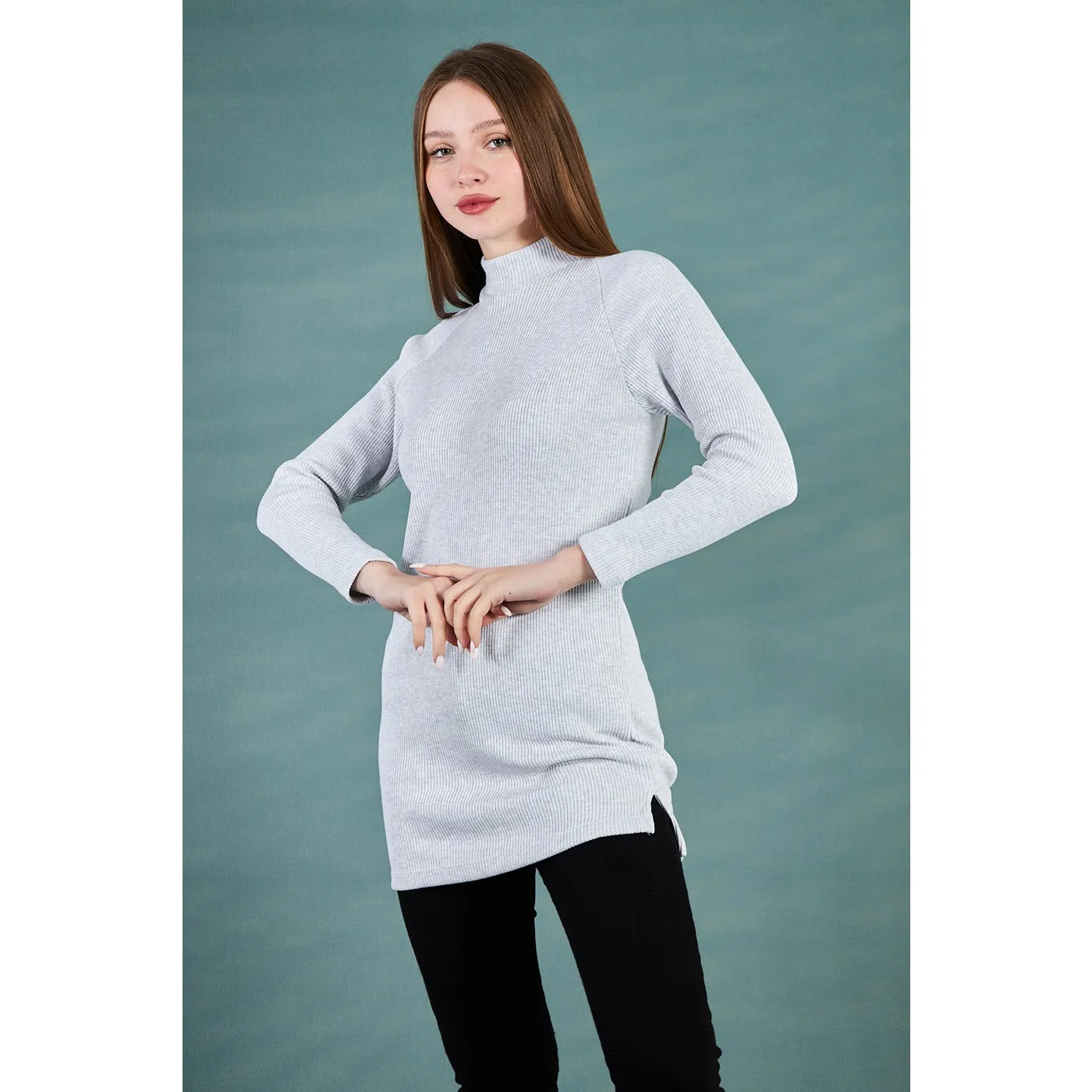 Light Grey Ribbed Long Sweatshirt