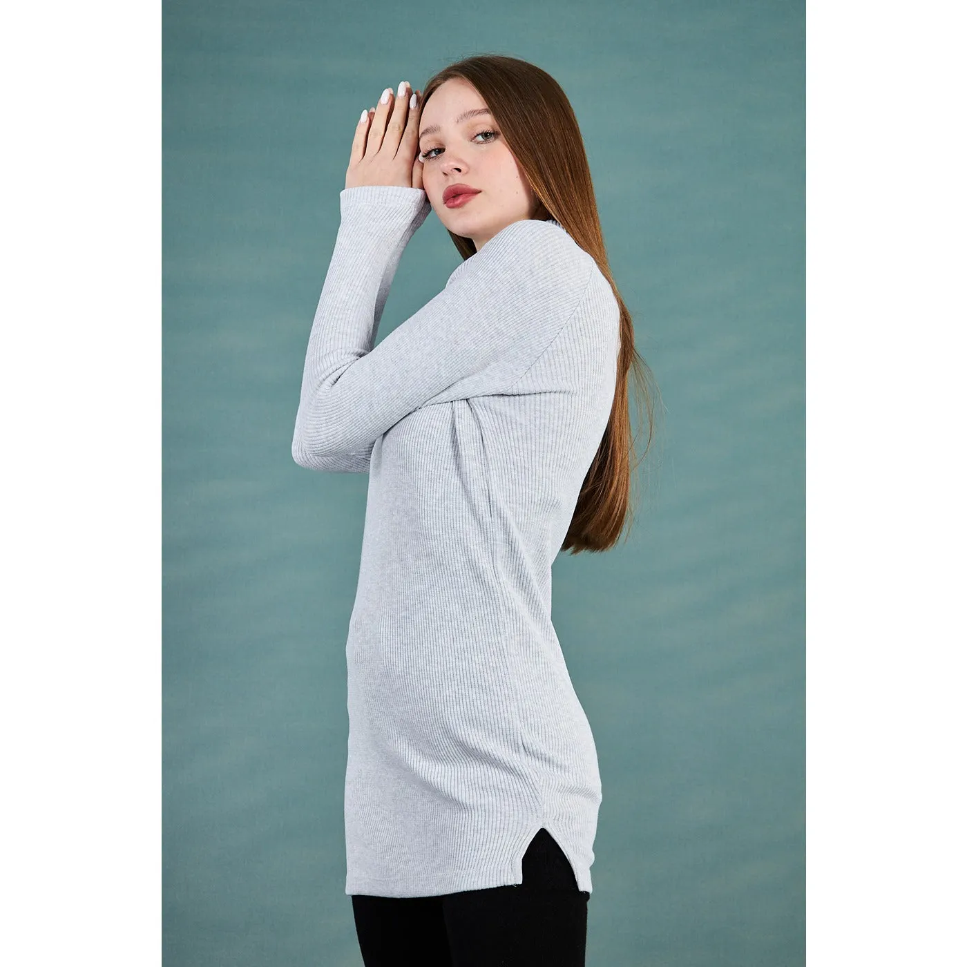 Light Grey Ribbed Long Sweatshirt