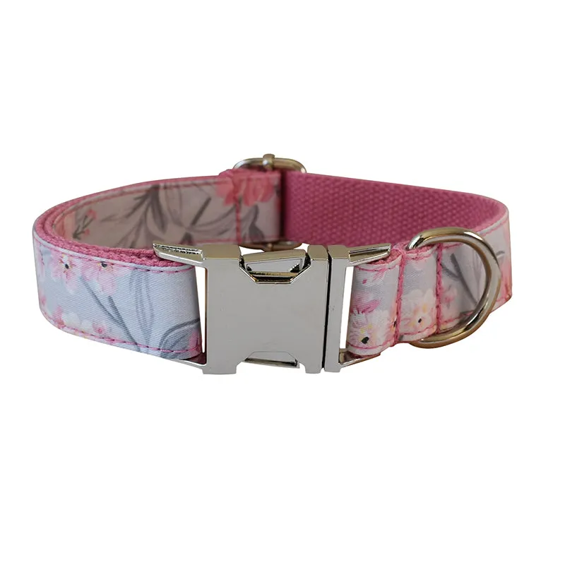 Lilac Pink Floral Dog Collar  with Detachable Bow - Personalized