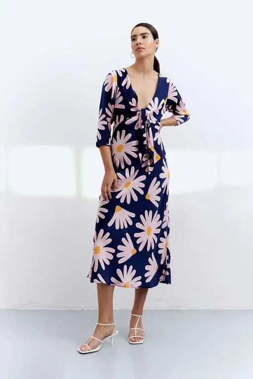 Long Floral Tie Front Dress