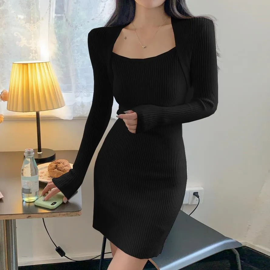 Long Sleeve Square Neck Solid Slim Fit Knit Dress