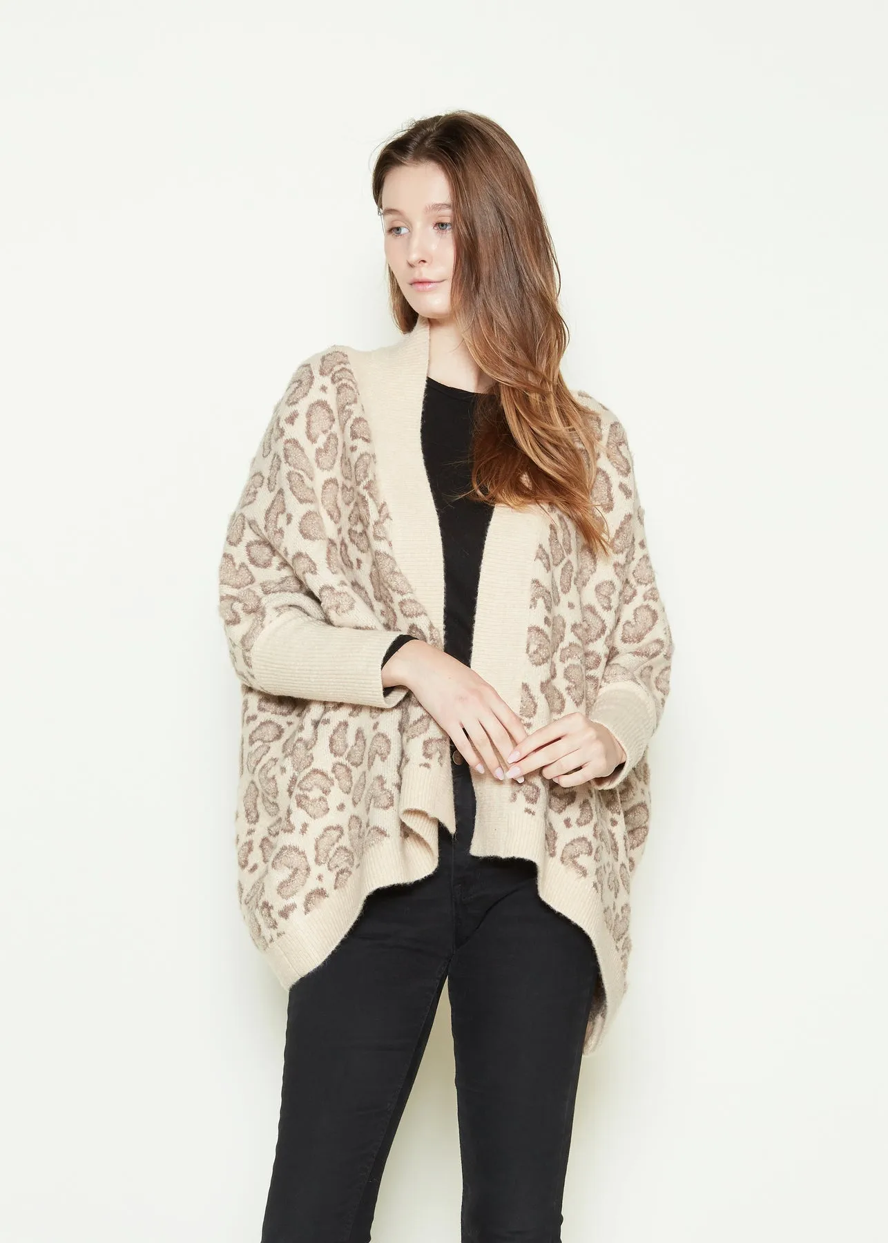 Look By M Boucle Leopard Cape Cardigan