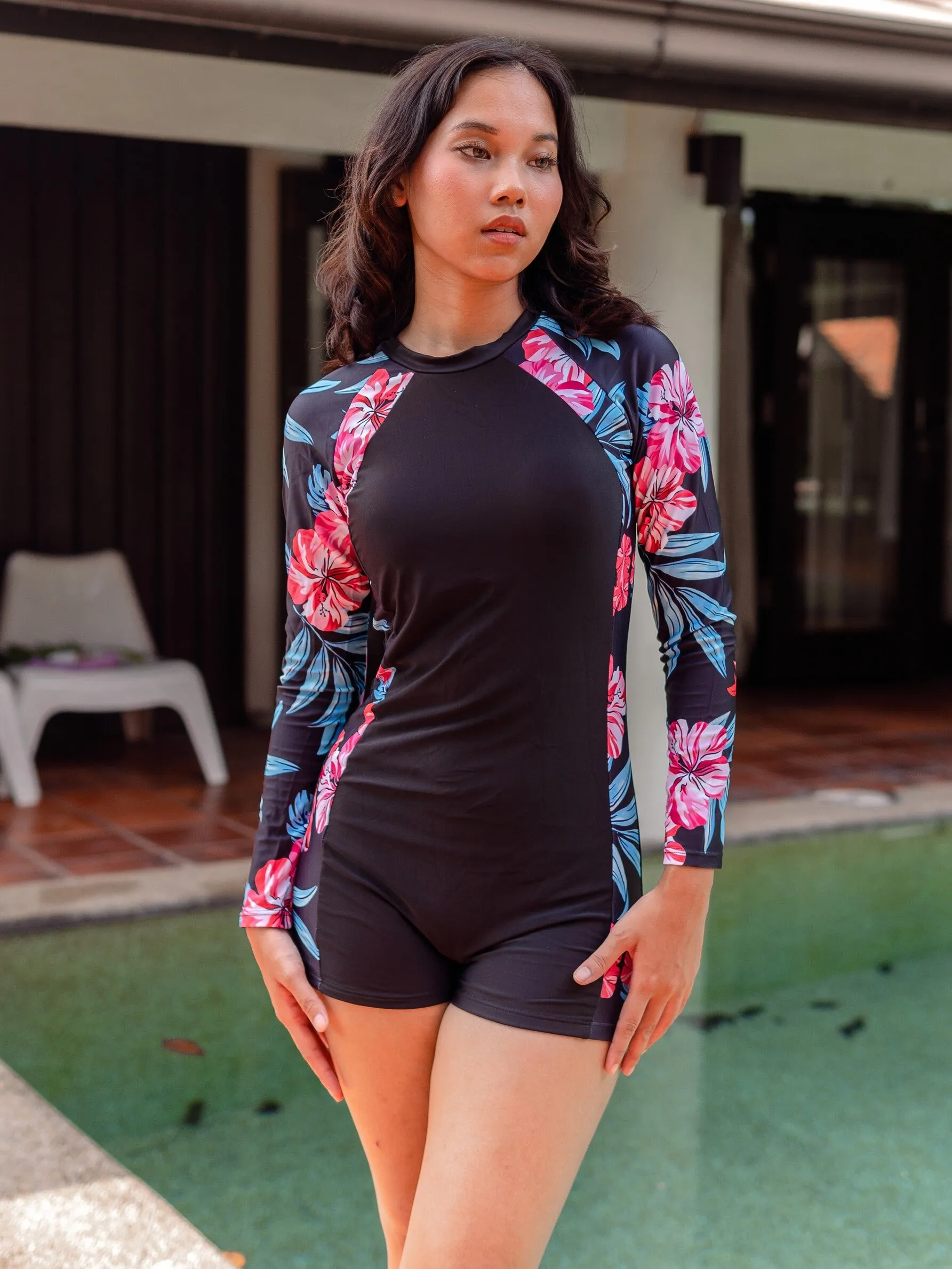 Marina Tropical Long Sleeve Bareback Bodysuit Rash Guard in Black