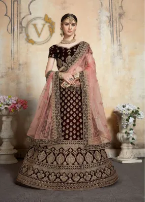 Maroon 3 Embroidered Velvet Lehenga with Dupatta