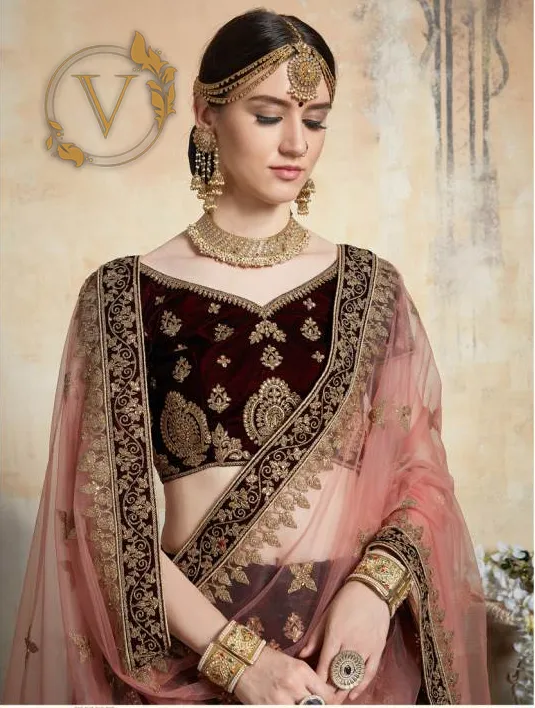 Maroon 3 Embroidered Velvet Lehenga with Dupatta