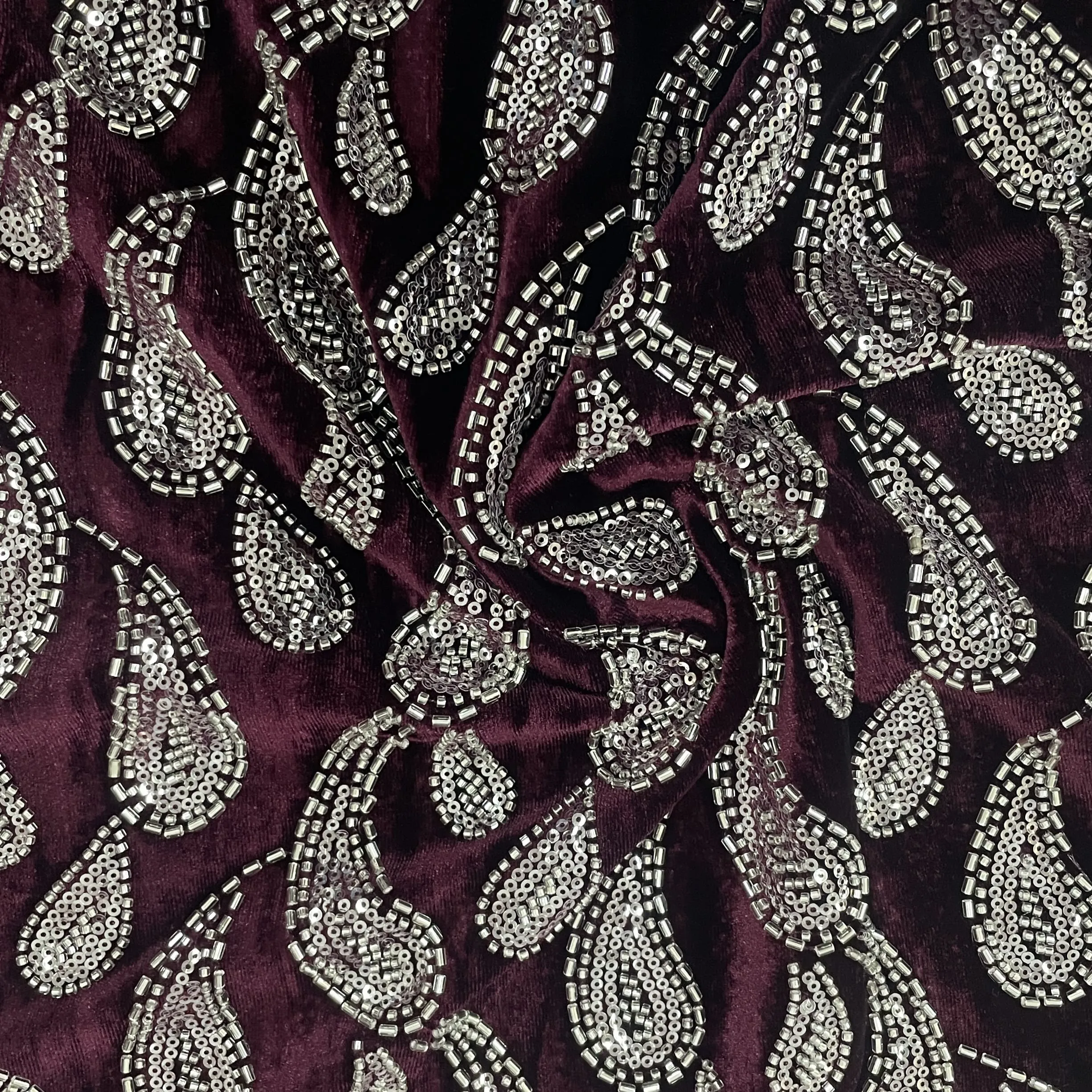 Maroon Paisley Velvet Fabric 19348