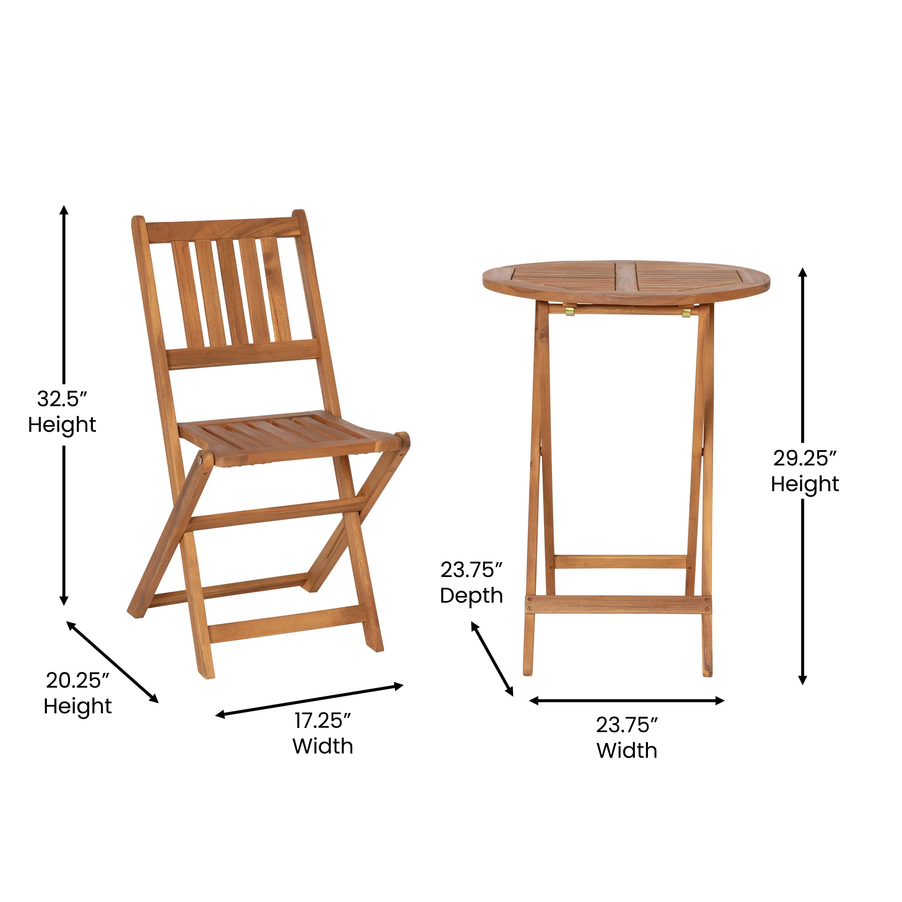 Martindale 3 Piece Folding Patio Bistro Set, Indoor/Outdoor Acacia Wood Table and 2 Chair Set with Slatted Design