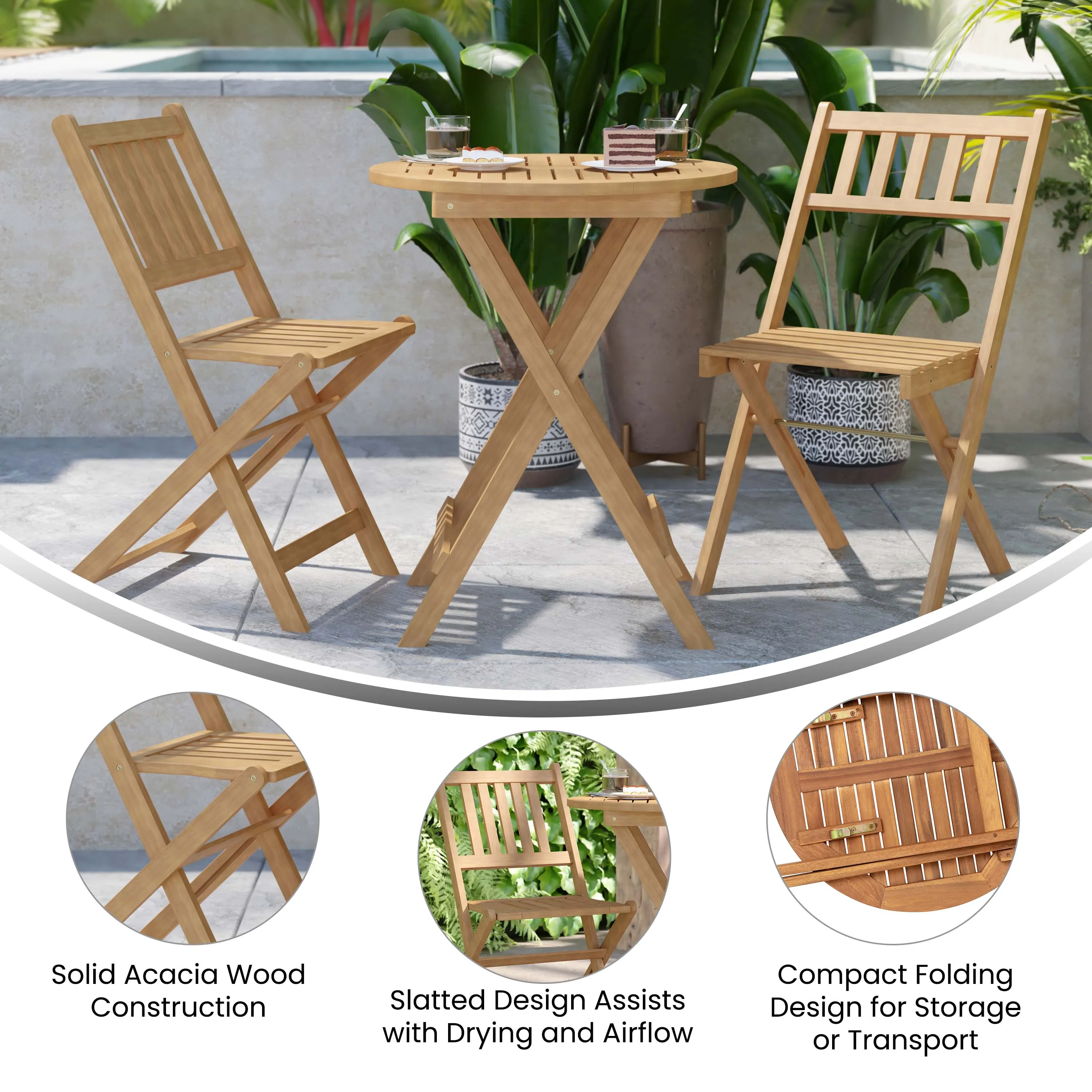 Martindale 3 Piece Folding Patio Bistro Set, Indoor/Outdoor Acacia Wood Table and 2 Chair Set with Slatted Design