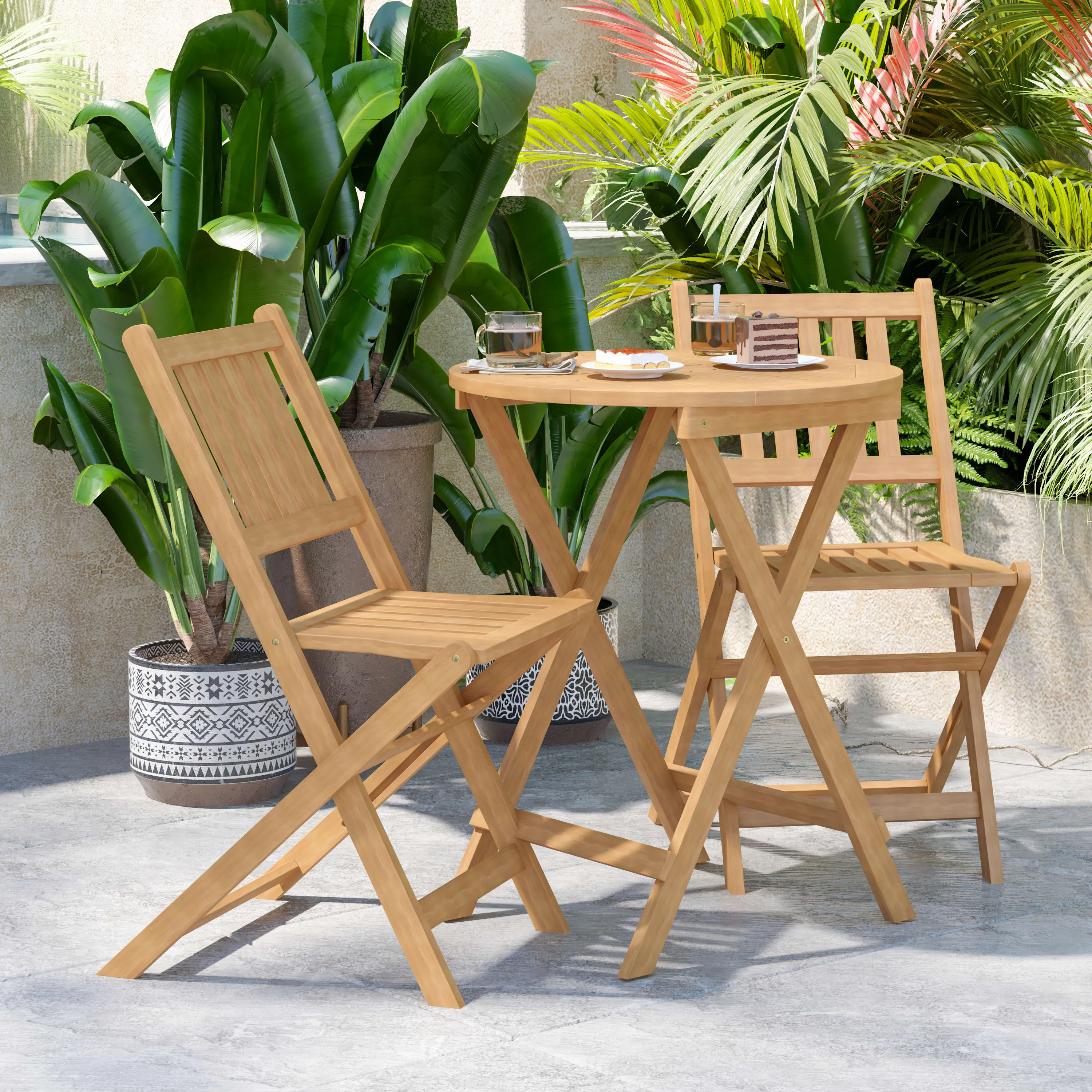 Martindale 3 Piece Folding Patio Bistro Set, Indoor/Outdoor Acacia Wood Table and 2 Chair Set with Slatted Design