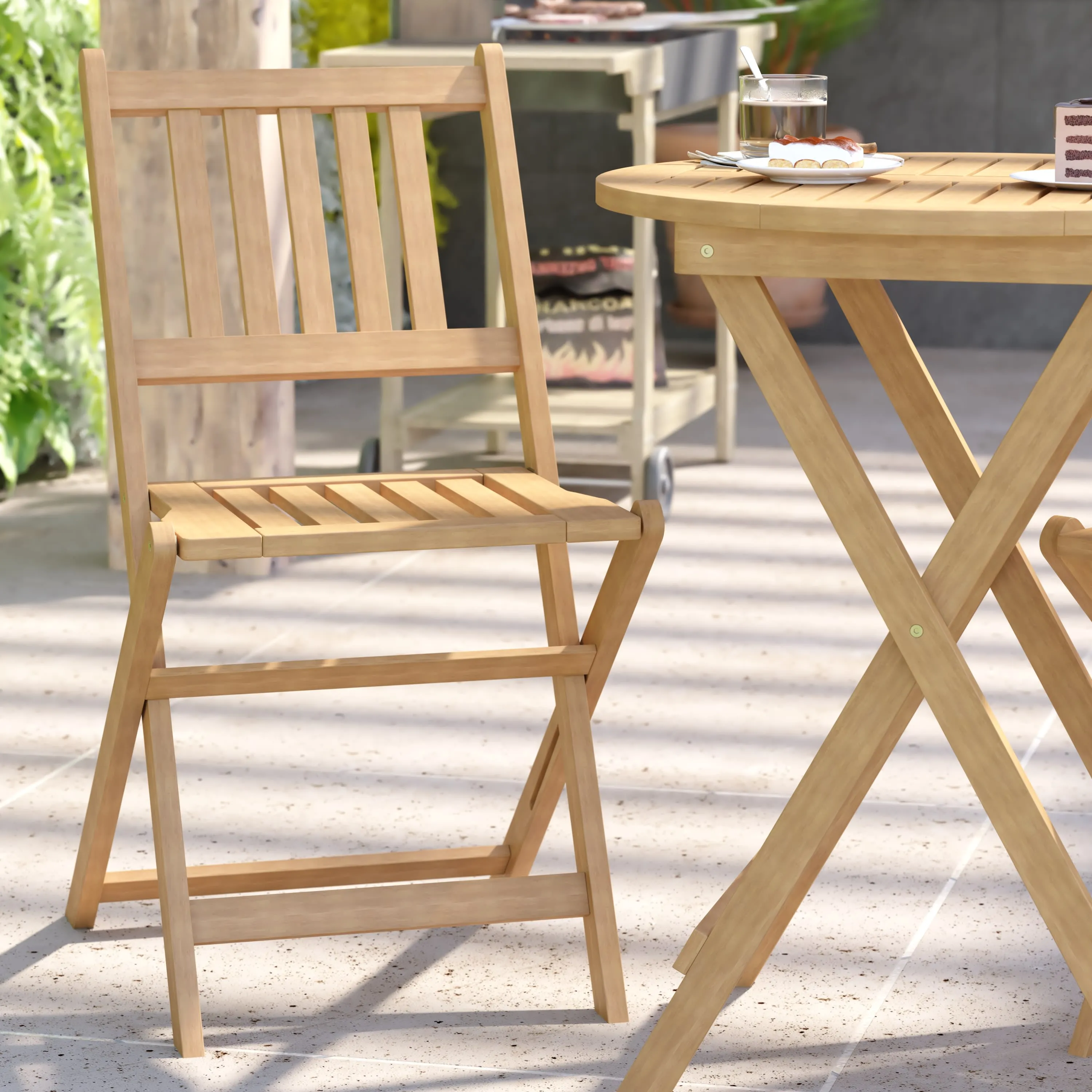 Martindale 3 Piece Folding Patio Bistro Set, Indoor/Outdoor Acacia Wood Table and 2 Chair Set with Slatted Design