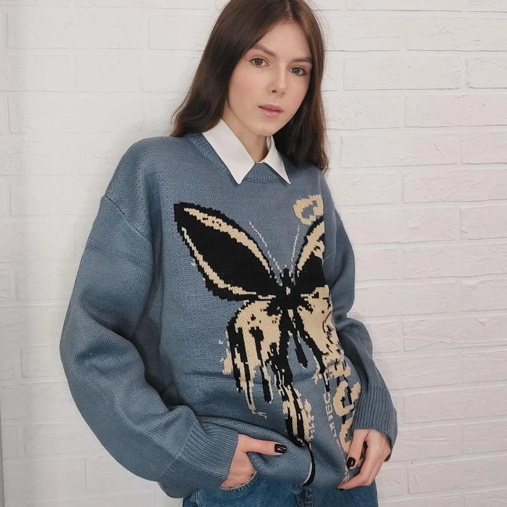 Melting Butterfly Print Women's Jumper: Retro fashion print knitwear