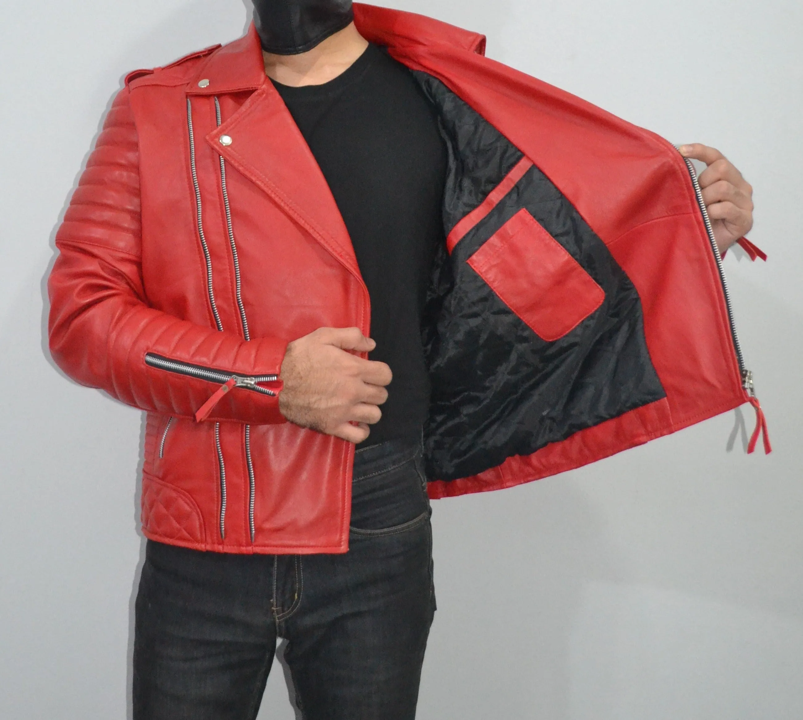 Men's Brando Quilted Padded Red Biker Motorcycle Leather Jacket