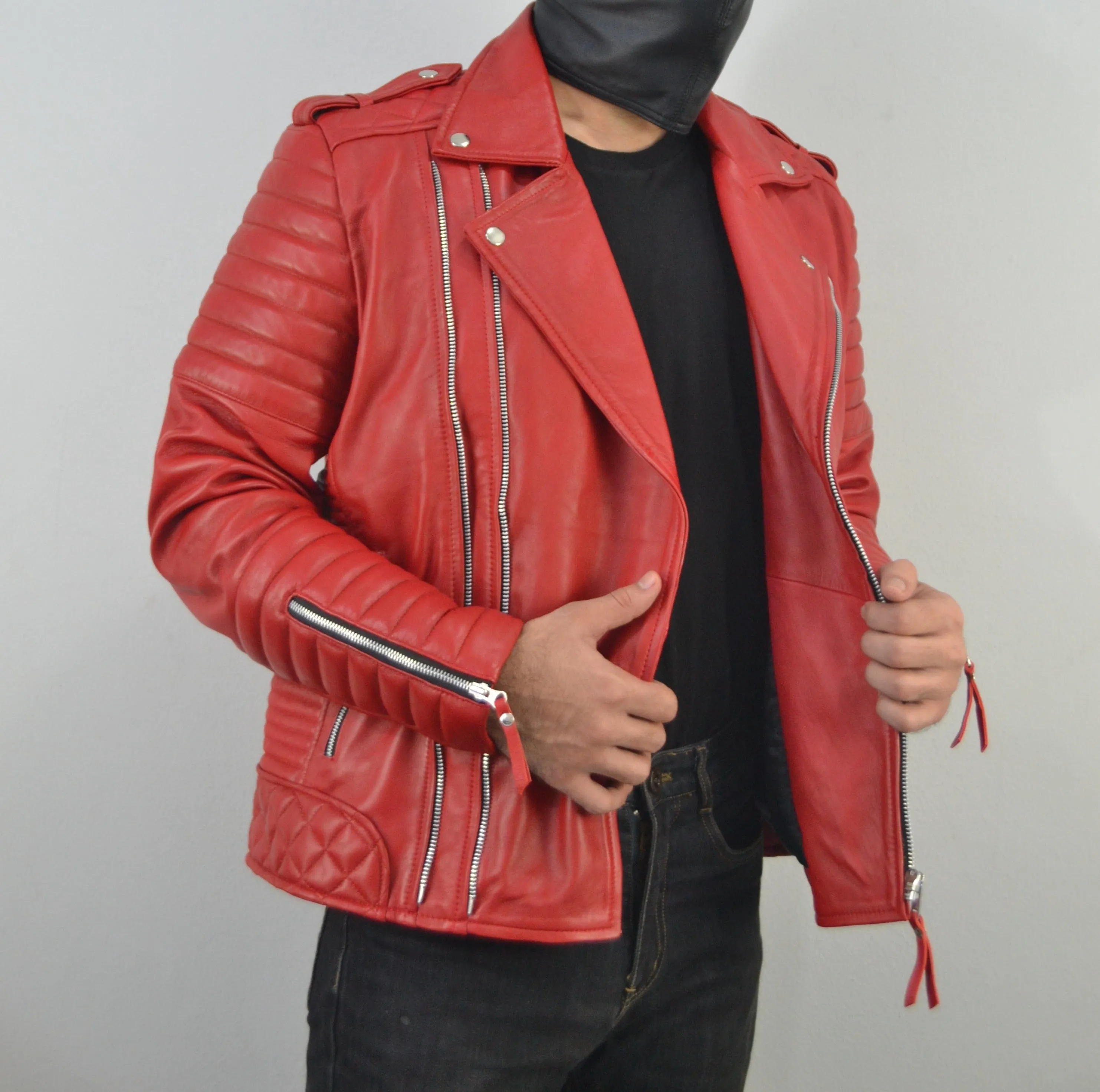 Men's Brando Quilted Padded Red Biker Motorcycle Leather Jacket