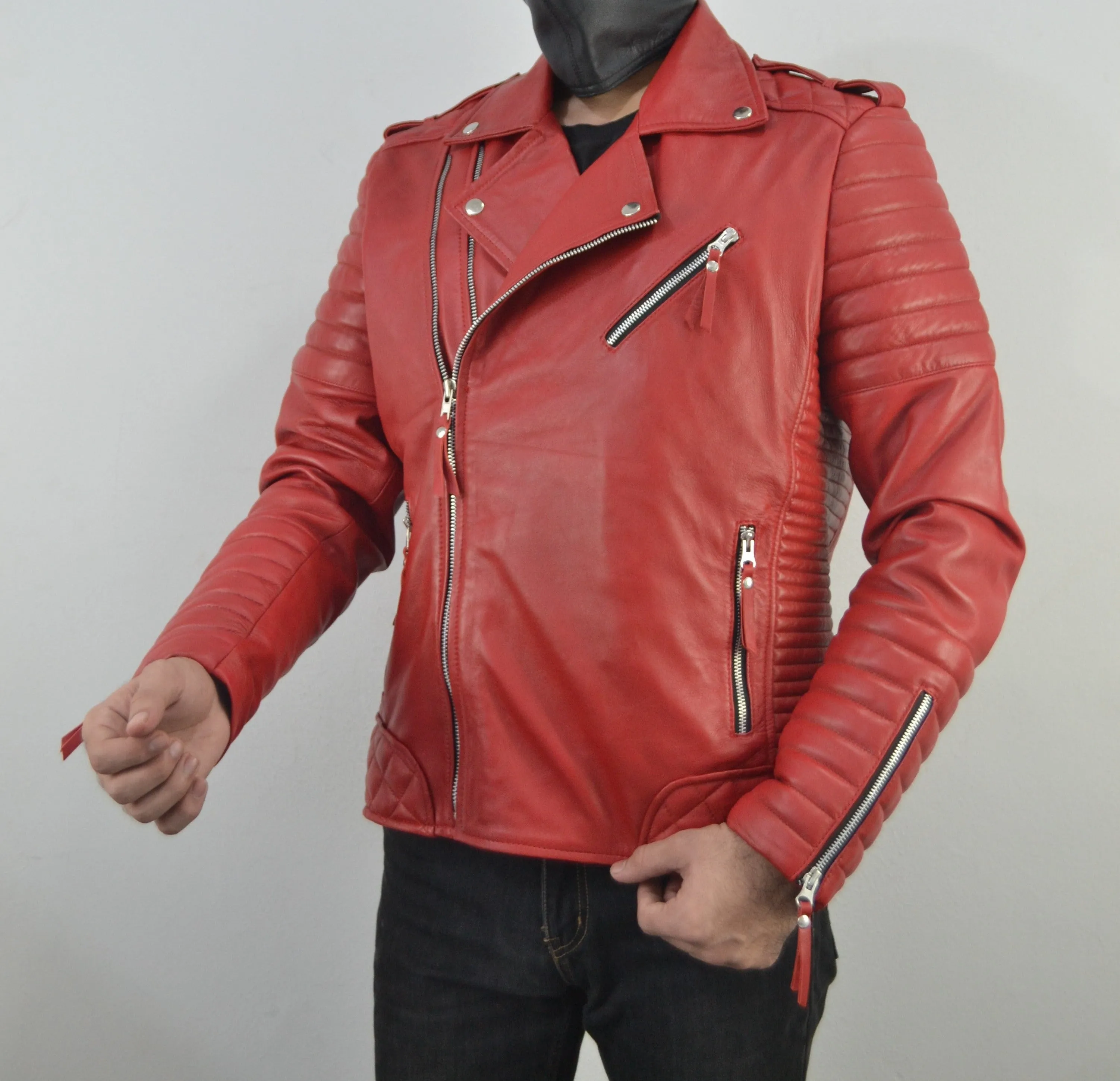 Men's Brando Quilted Padded Red Biker Motorcycle Leather Jacket