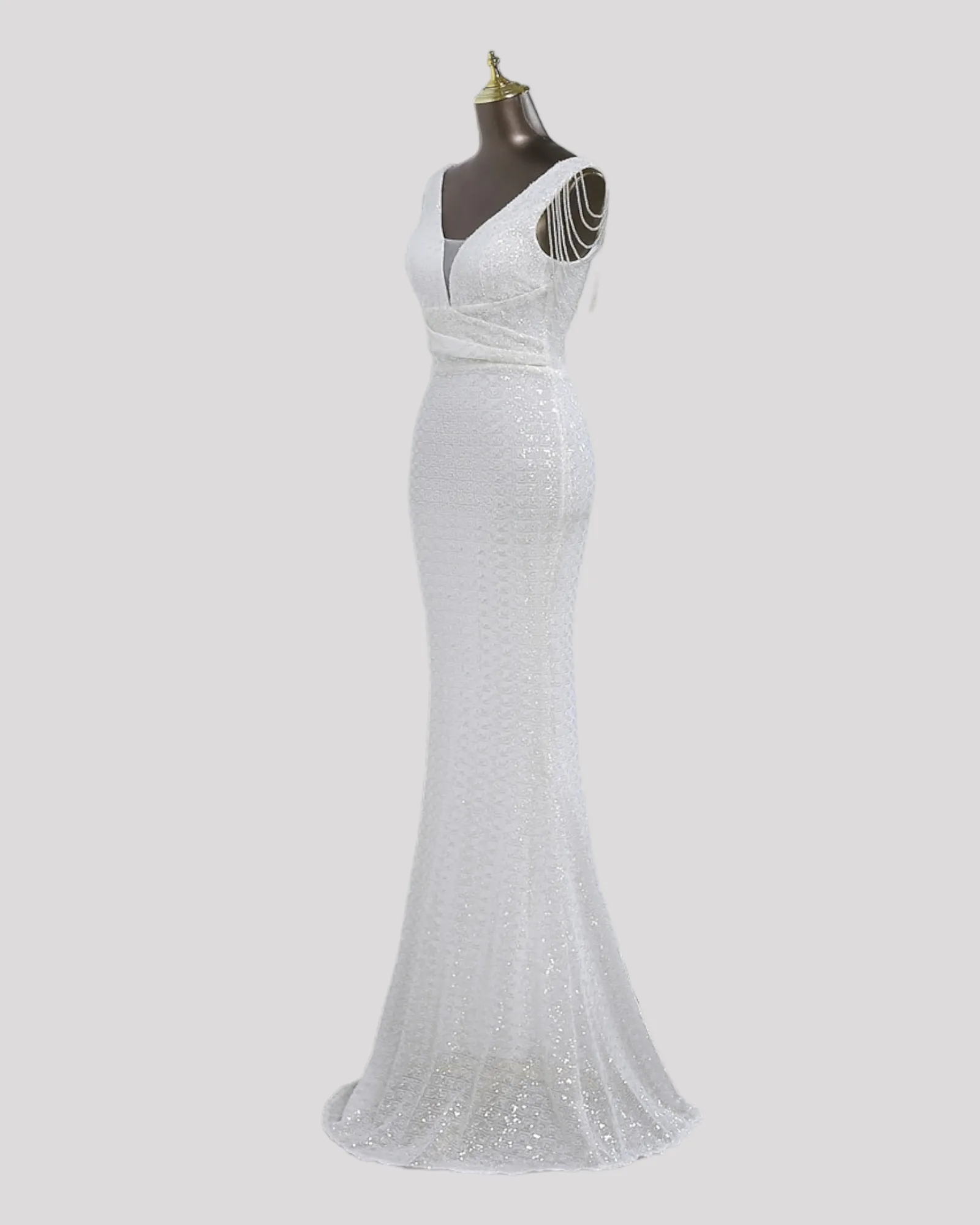 Mermaid Sequin Dress with Pleating detail over waist and Beaded illusion Sleeves