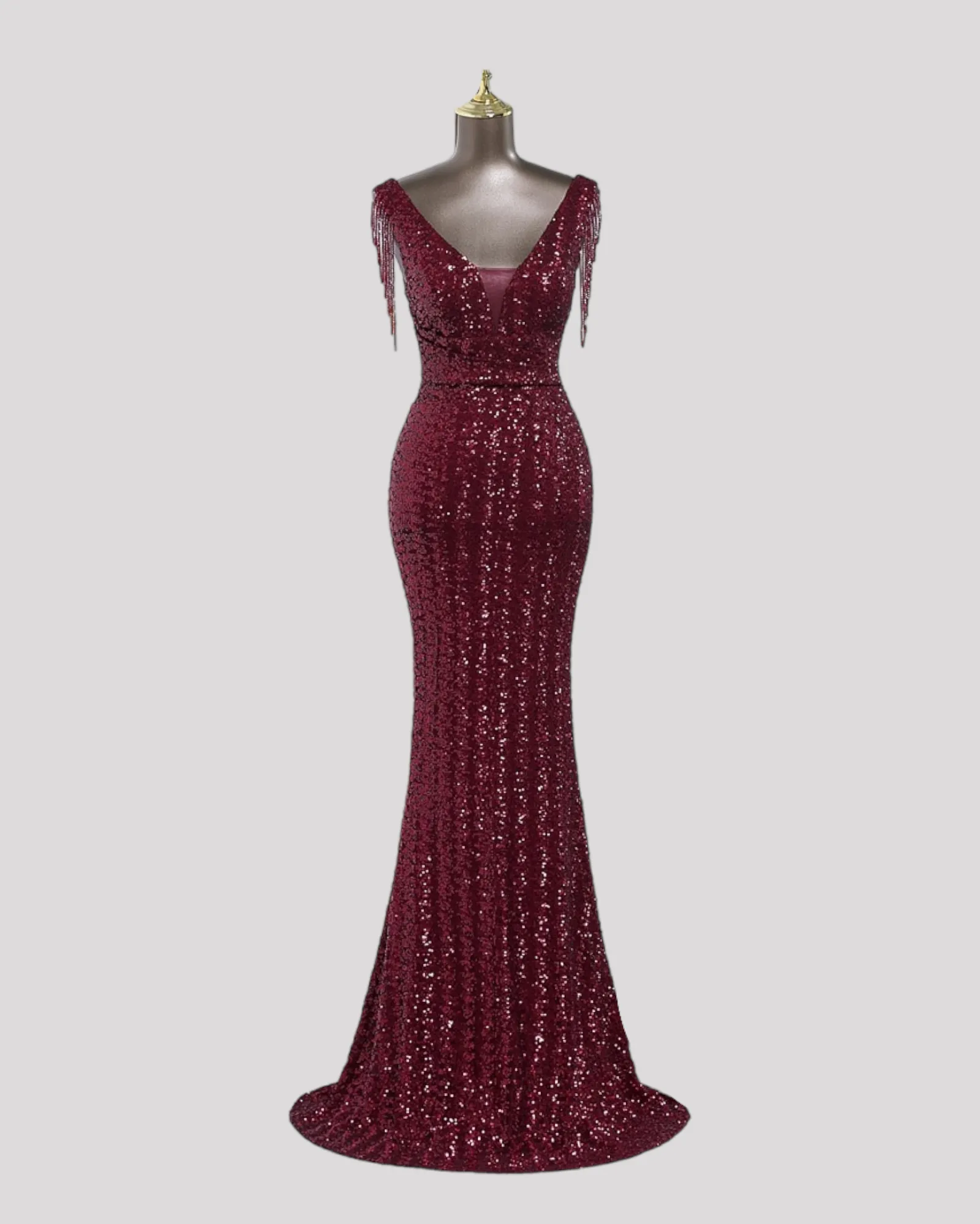 Mermaid Sequin Dress with Pleating detail over waist and Beaded illusion Sleeves