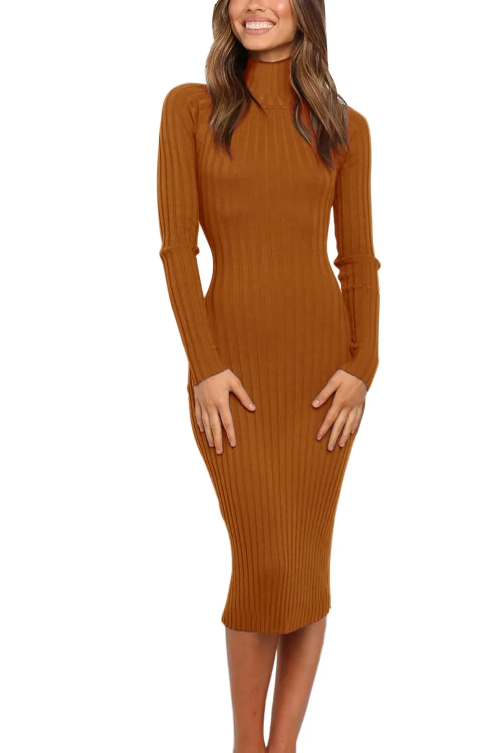 MEROKEETY Ribbed Knitted High Neck Sweater Dress