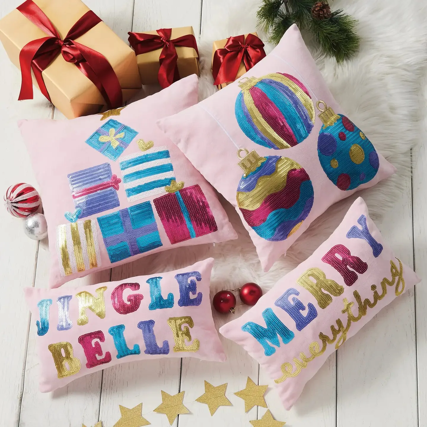 Merry Every Sequin Embroidered Pillow