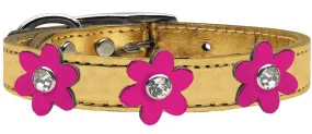 Metallic Flower Leather Collar Gold With Metallic Pink Flowers Size 12