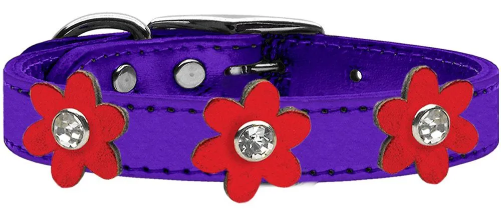 Metallic Flower Leather Collar Metallic Purple With Metallic Red Flowers Size 24