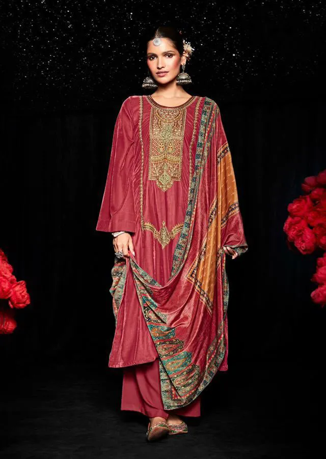 Mumtaz Arts Pure Velvet Red Women Suits with Embroidery