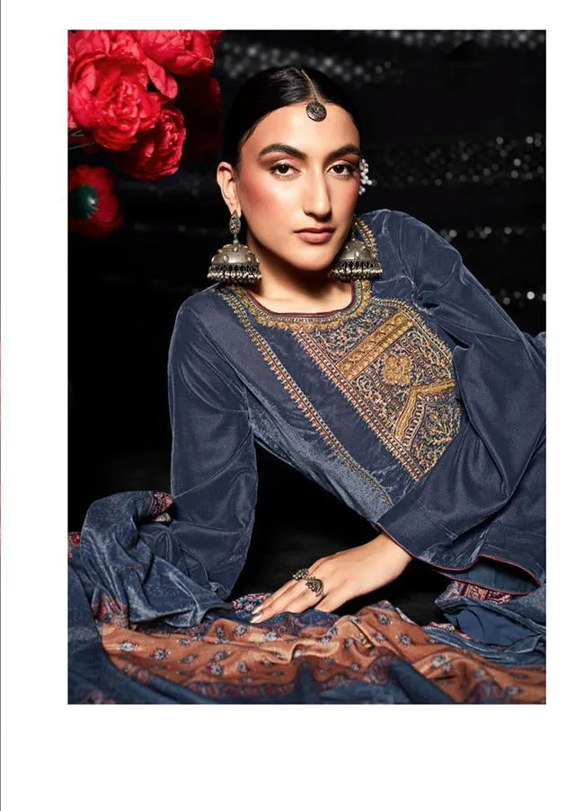 Mumtaz Arts Unstitched Blue Winter Velvet Salwar Suits for Women