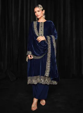 Mumtaz Arts Unstitched Blue Winter Velvet Suit Material for Ladies