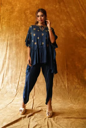 Navy Blue Kaftan Top & Overlap Dhoti Set